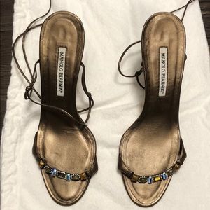 Manolo Blahnik ankle wrap heeled sandals.